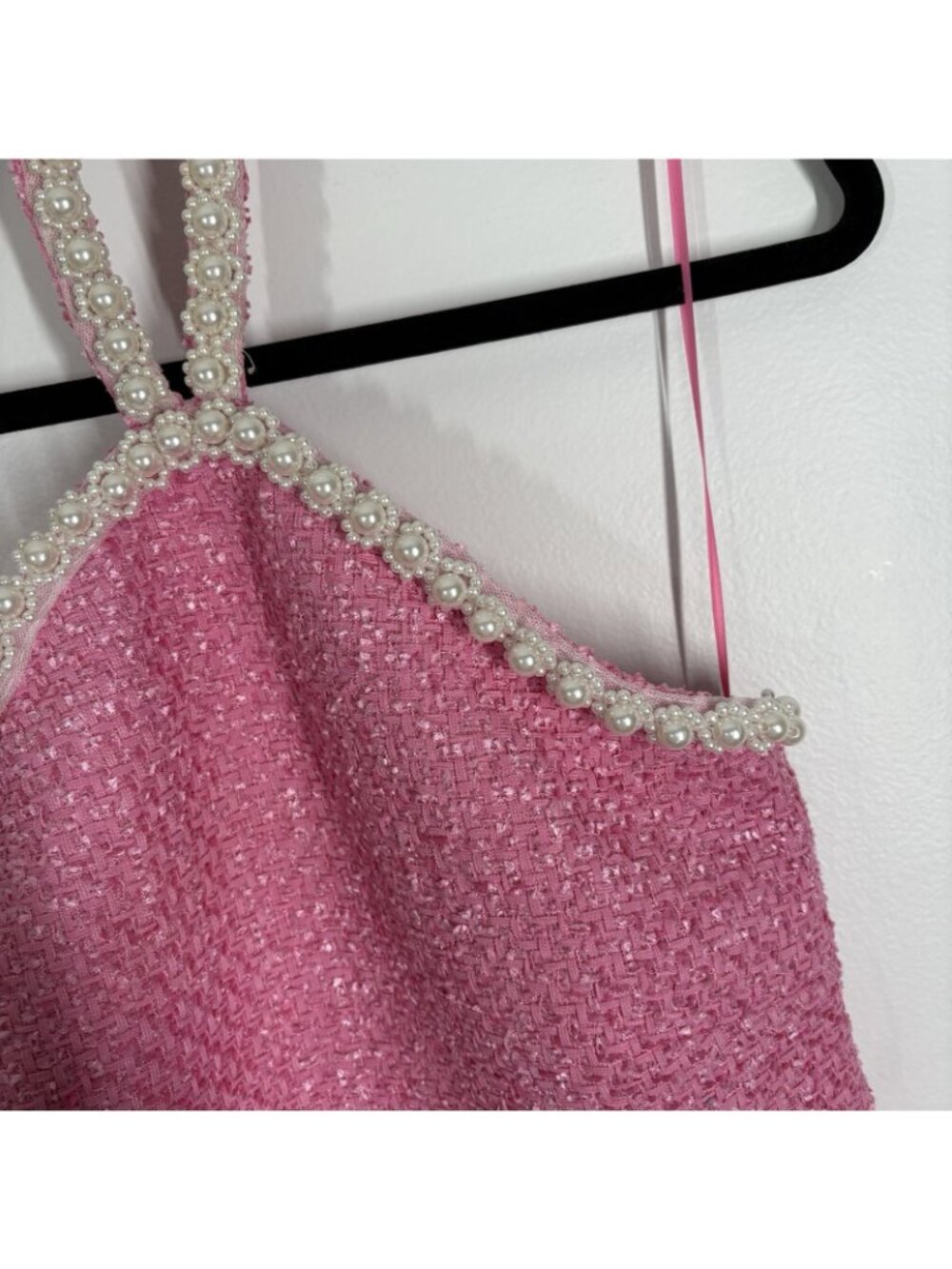 Hyacinth House Tuckernuck Women XS Pink Tweed & Pearl Petra Halter Mini Dress - Picture 6 of 13